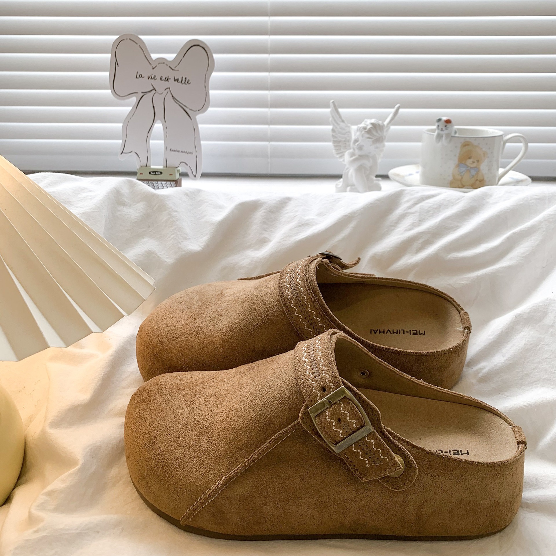 牛皮版~香港厚底内增高两穿勃肯鞋女秋季新款外穿复古包头半拖鞋