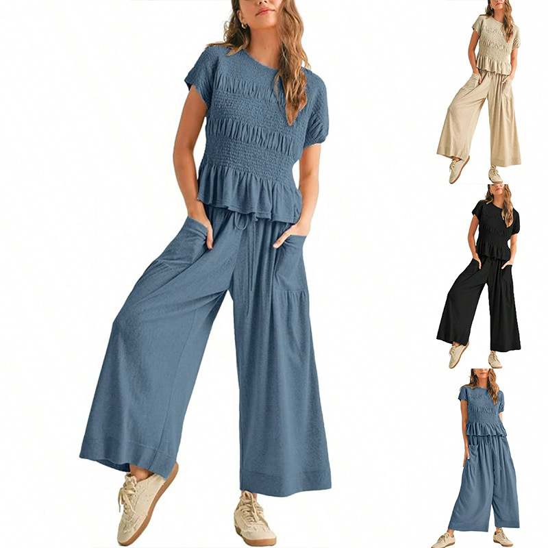 2026 Cross-Border European and American Women's Clothing Amazon Summer Women's 2-Piece Set with Ruched Top and Wide-Leg Pants Casual Outfit 2026 Cross-Border European and American Women's Clothing Amazon Summer Women's 2-Piece Set with Ruched Top and Wide-Leg Pants Casual Outfit