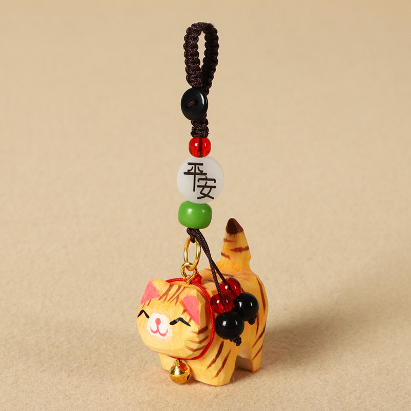 手作り木彫り太ったオレンジ猫車のキーホルダーペンダントかわいい牛猫スクールバッグペンダント女性の親友へのギフトとして