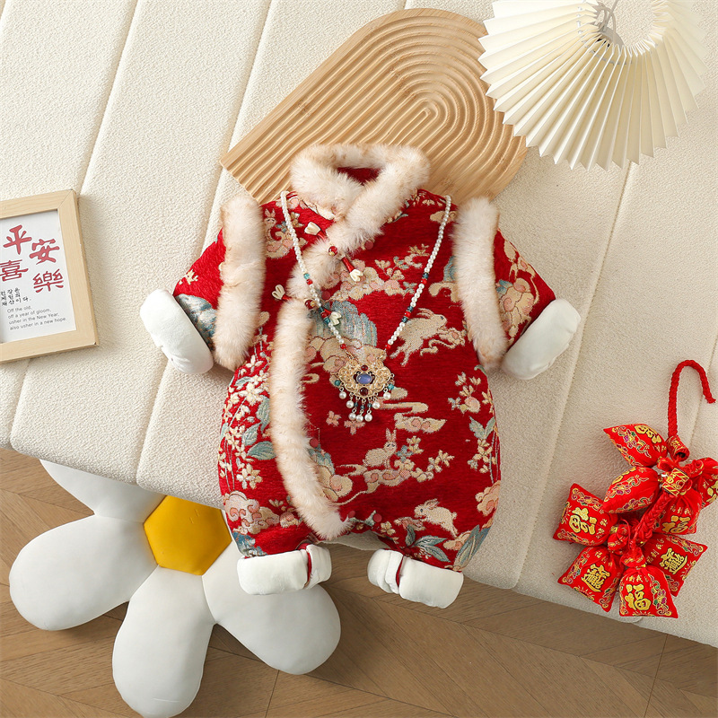 Baby Clothes Winter Clothes Baby Girl's Chinese-style jumpsuit fleece-lined Warm Full Moon Hundred Days Clothes Winter Climbing Clothes