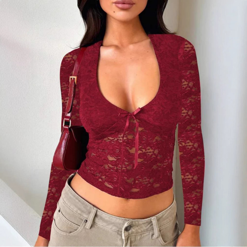 European and American Style 2025 Autumn and Winter New Women's Fashion Sexy Slim-Fit Hollow-Out Long-Sleeve Lace-Up Lace Blouse Wholesale