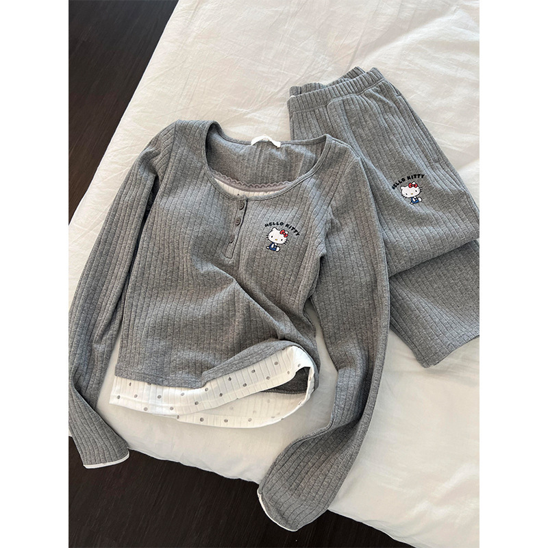 韩版撞色带胸垫坑条长袖睡衣女秋季新款HelloKitty休闲家居服套装|undefined