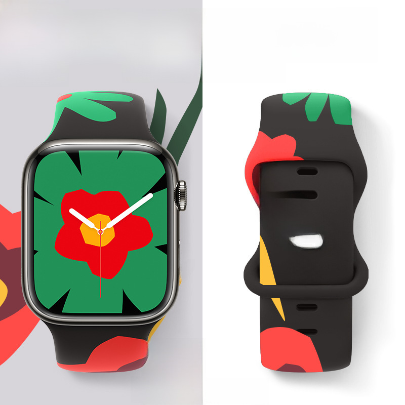 適用於蘋果錶帶八字扣運動硅膠iwatch9/ultra2/8/se錶帶團結之花