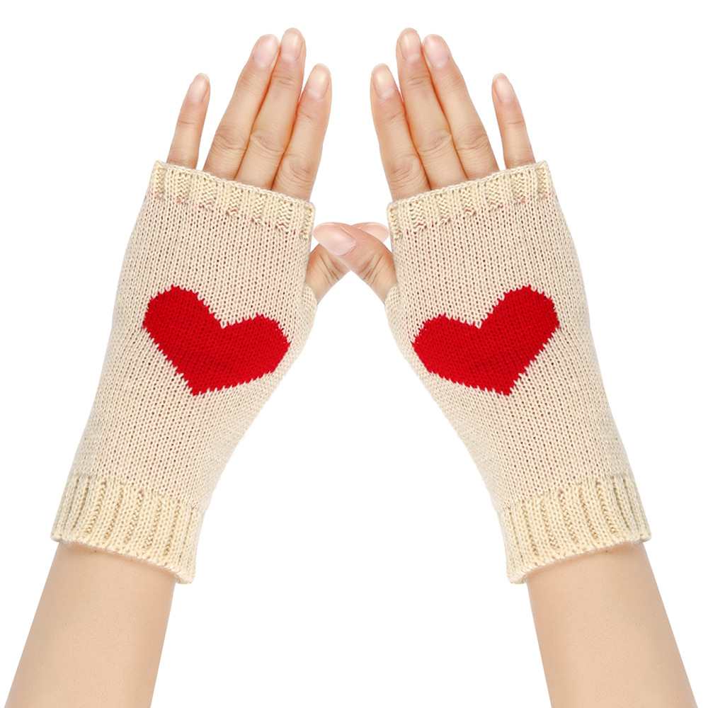 Κοντά μισά δάχτυλα για φοιτητικό γραφείο, μανίκια ροδακινί, πλεκτά γάντια αγάπης με ζεστή καρδιά_voghion.com