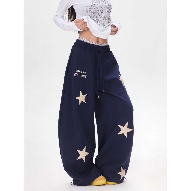 Designed Five-Pointed Star Embroidered Sweatpants for Women, Autumn and Winter Loose Wide-Leg Pants, Casual Versatile Sports Pants, Jazz Dance Pants