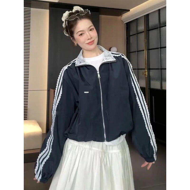 European-Style Stand-Collar Lace Patchwork Short Jacket for Women, 2026 Spring New Design, Petite-Sized Stylish Windbreaker Jacket