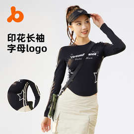 跨境印花带字母瑜伽服长袖美式复古风薄款圆领显瘦运动上衣