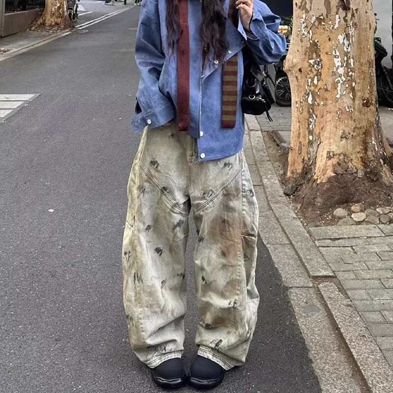 American Retro Wasteland Style Distressed Low-Crotch Design Patchwork Scimitar Jeans Trendy Brand Loose Wide-Leg Pants Trendy