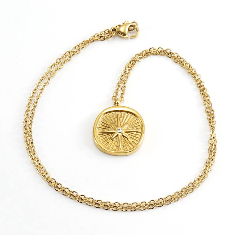 Round Pattern Women'S Gender Wholesale Jewelry Retro Round 304 Stainless Steel Rhinestones 18K Gold Plated Inlay Stainless Steel Necklaces