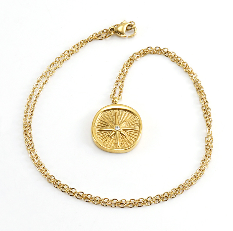 Retro Round Stainless Steel Inlay Rhinestones 18k Gold Plated Pendant Necklace display picture 5