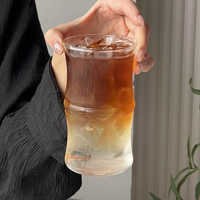 Wholesale New Chinese Style Ink Painting Bamboo Knot Cup Glass Cup Heat Resistant Household Ice American Latte Coffee Cup ins 