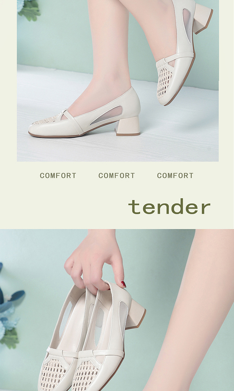 Giày sandal nữ da thật đan lưới gót thấp mũi nhọn thoáng khí — màu be chi tiết 15
