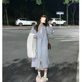 毛呢外套2024新款秋冬小个子气质加厚长款赫本风蓝色呢子大衣女潮