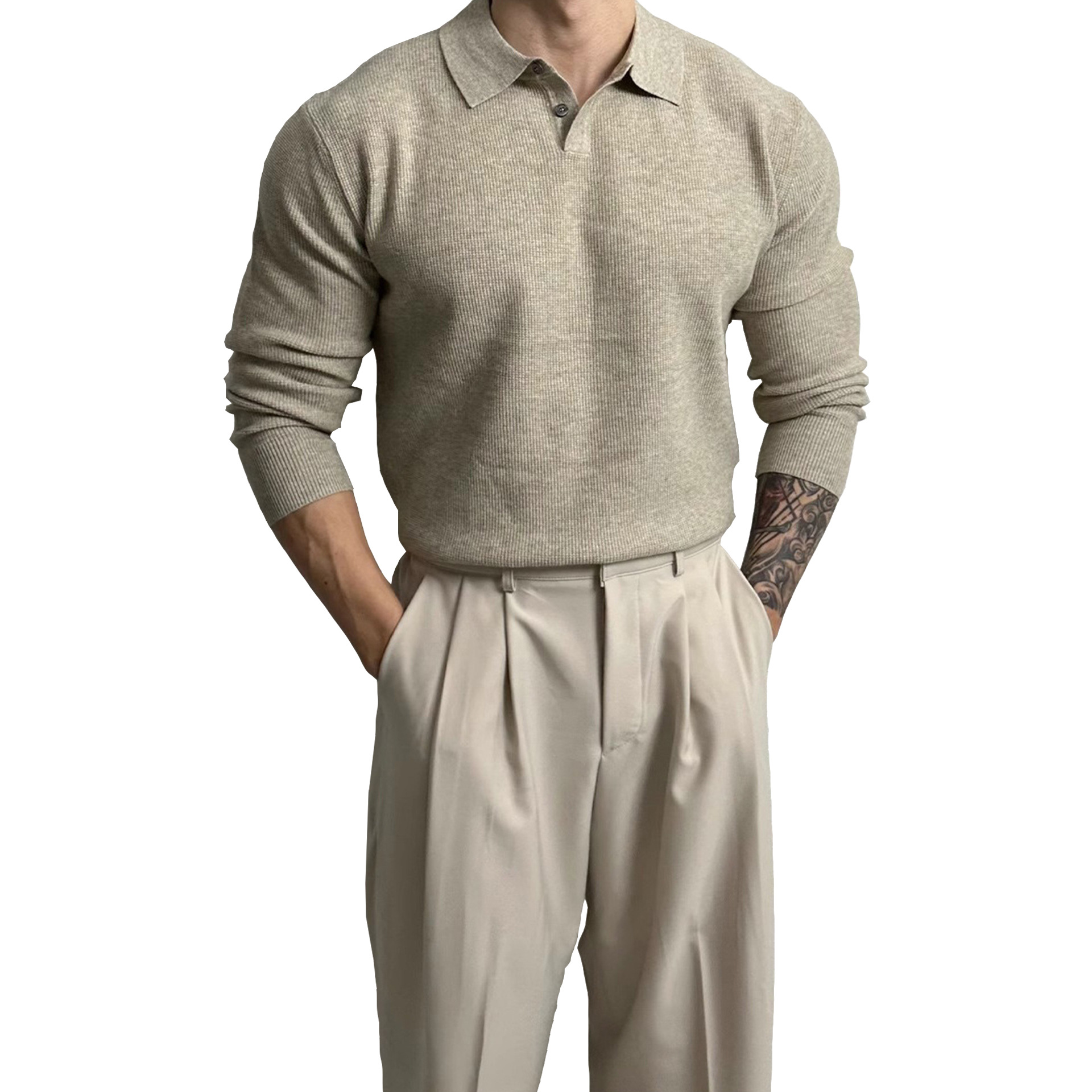 Oversized Polo Knit Sweater For Men – Business Casual Long Sleeve Pullover, Plus Size European Fit (Black/Beige/Gray)_viptrois.com
