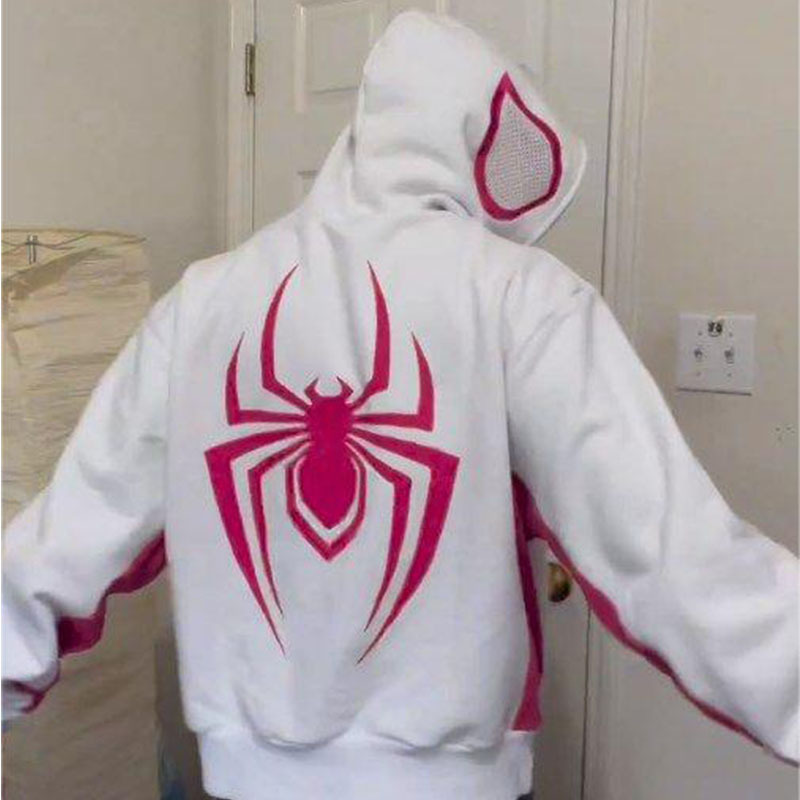 Trendy Street Hip-Hop Y2K Kapuzenpullover, lockere Oberjacke mit durchgehendem Reißverschluss für Herren und Damen mit Spinnenprint_voghion.com