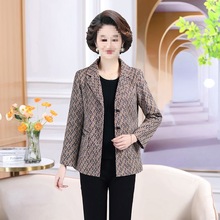 春装新款中年女士格子外套短款翻领小西装洋气妈妈装春秋休闲上衣