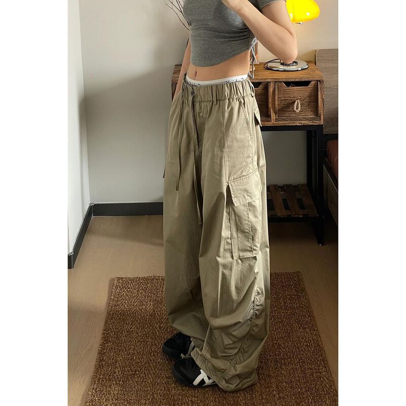 Spring and Summer American-Style Multi-Pocket Cargo Pants, Straight Loose Fit, Versatile Slimming Casual Pants, Unisex Dance Long Pants, Khaki Color