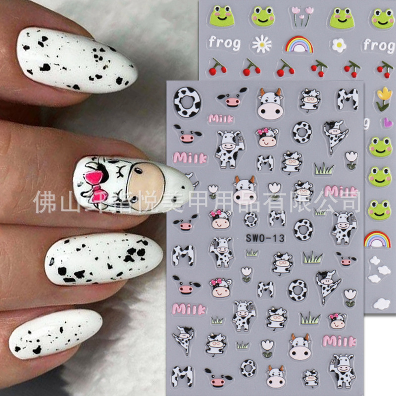 Cross-border New Nail Art Stickers Wholesale Ins Cute Frog Cow Cherry Rainbow Frosted Adhesive Nail Decal