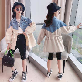 女童韩版拼接牛仔外套新款春装2025中大童时髦风衣儿童休闲童装潮