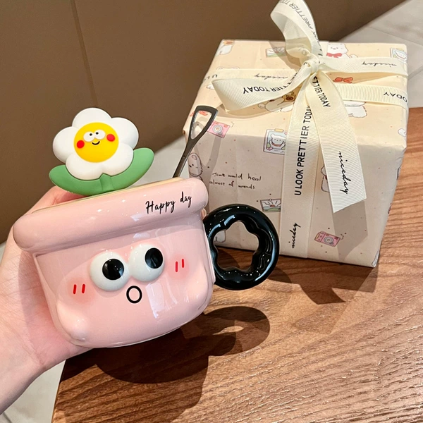 Expression flower cup - pink (cup + lid + spoon + exquisite gift package)