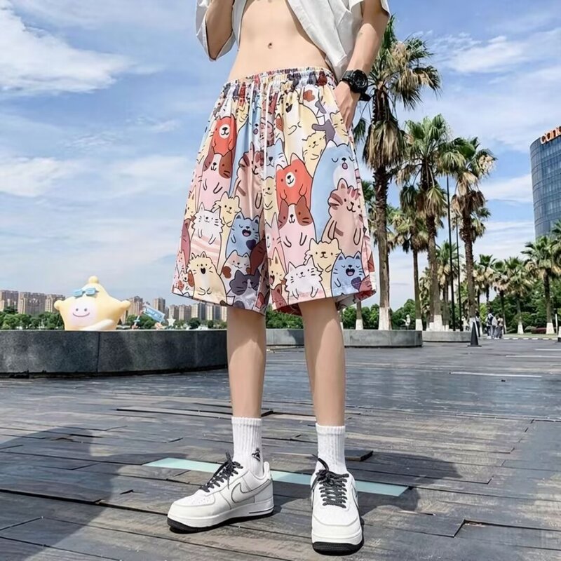 2026 Beach Sports Casual Youth Versatile Shorts Cute Cat Shorts Men's Summer Thin Loose Beach Shorts