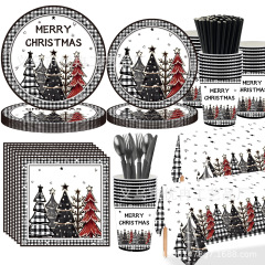 クリスマス白黒方眼クリスマスツリーテーマ使い捨て紙皿テーブルクロスティッシュパーティー装飾配置用品