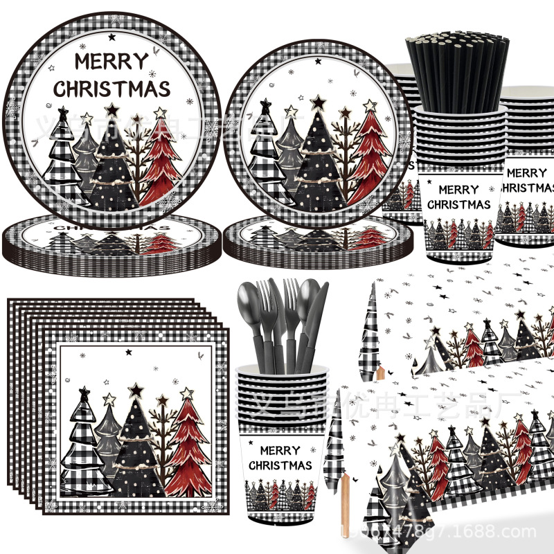 クリスマス白黒方眼クリスマスツリーテーマ使い捨て紙皿テーブルクロスティッシュパーティー装飾配置用品|undefined