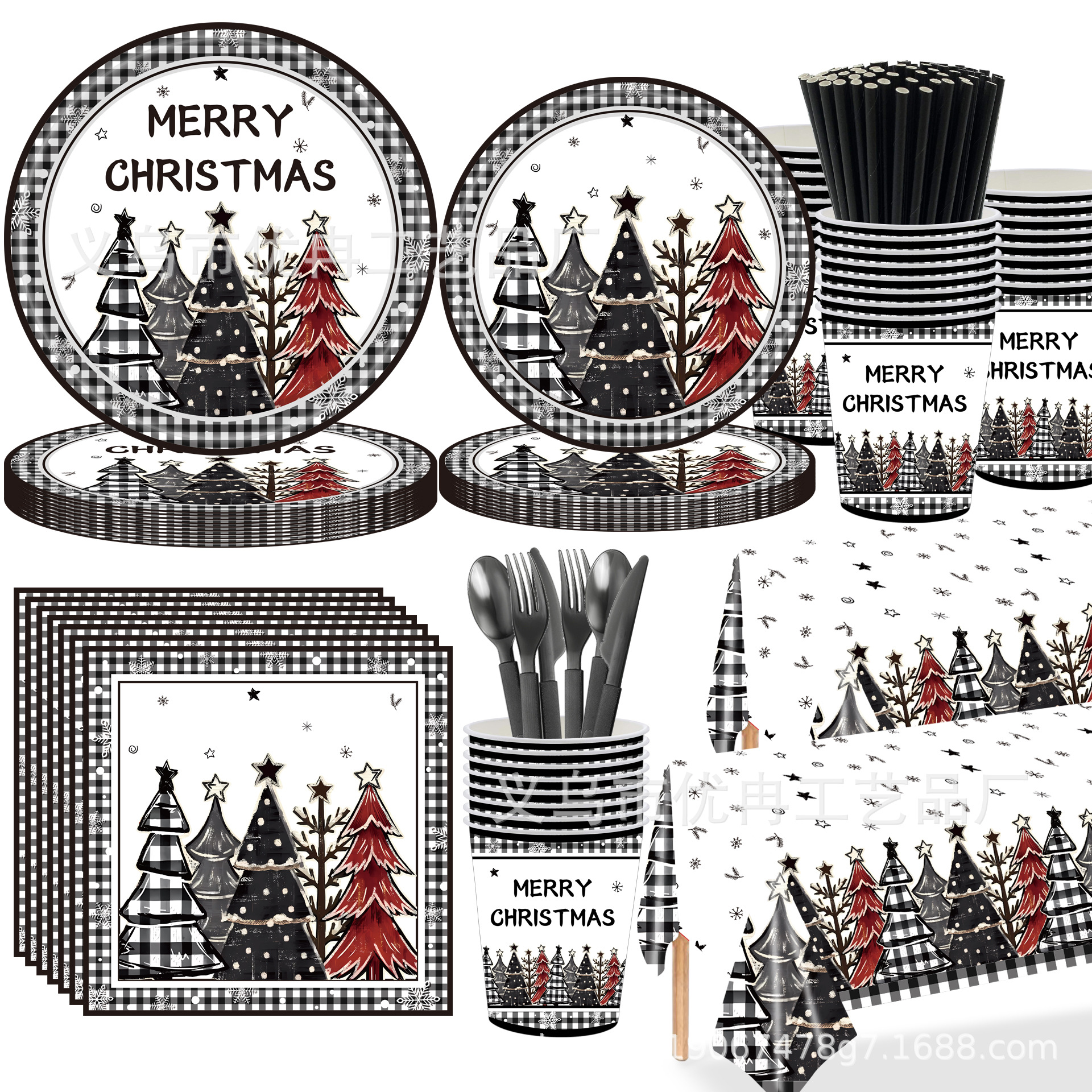 Christmas Black and White Square Christmas Tree Theme Disposable Paper Plate Tablecloth Paper Towel Party Decoration Arrangement Supplies