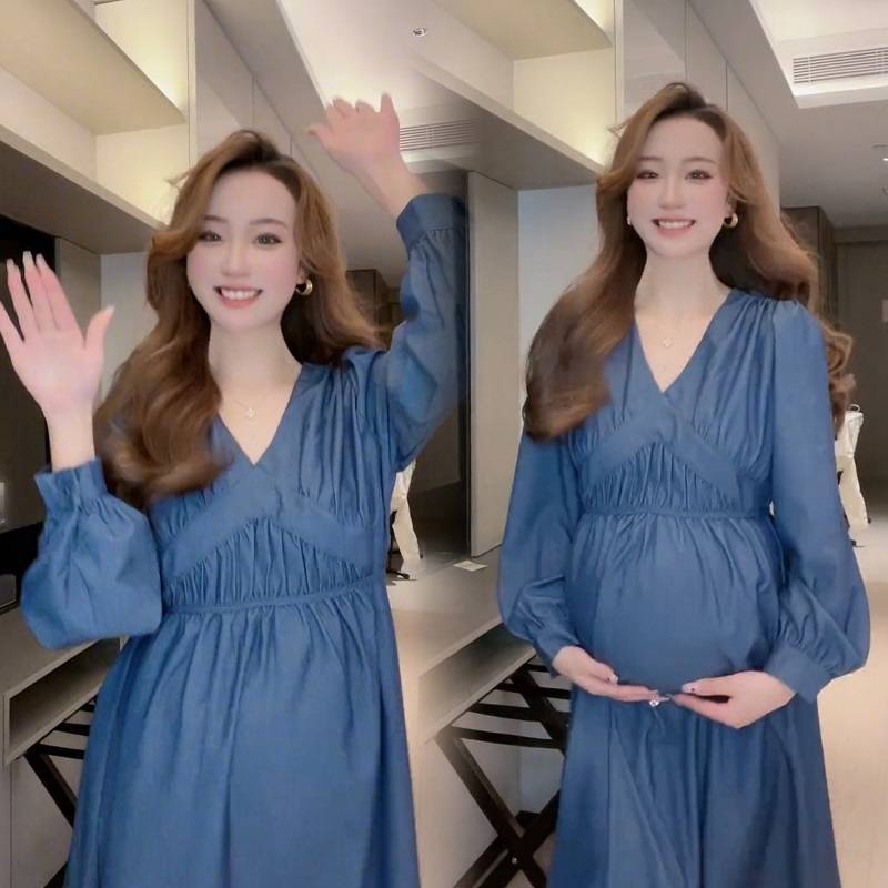 (2개) 임산부복 봄 드레스 인터넷 셀러브리티 신상 기질 V넥 데님 드레스 봄 가을 유행 임산부복 슈트