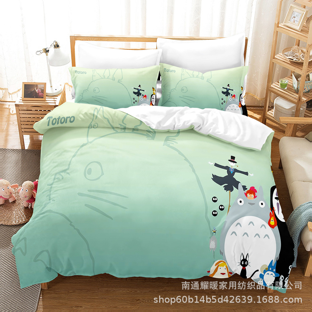 Factory Direct Supply of 3D Digital Printed Brushed Bedding Four-Piece Set of Three-Piece Set of Totoro Bed Sheetss, Quilt Pillows