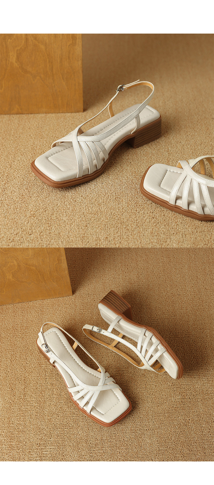 Sandal nữ mũi vuông gót vuông da cừu phong cách La Mã quai mảnh hở ngón — Màu trắng be chi tiết 12