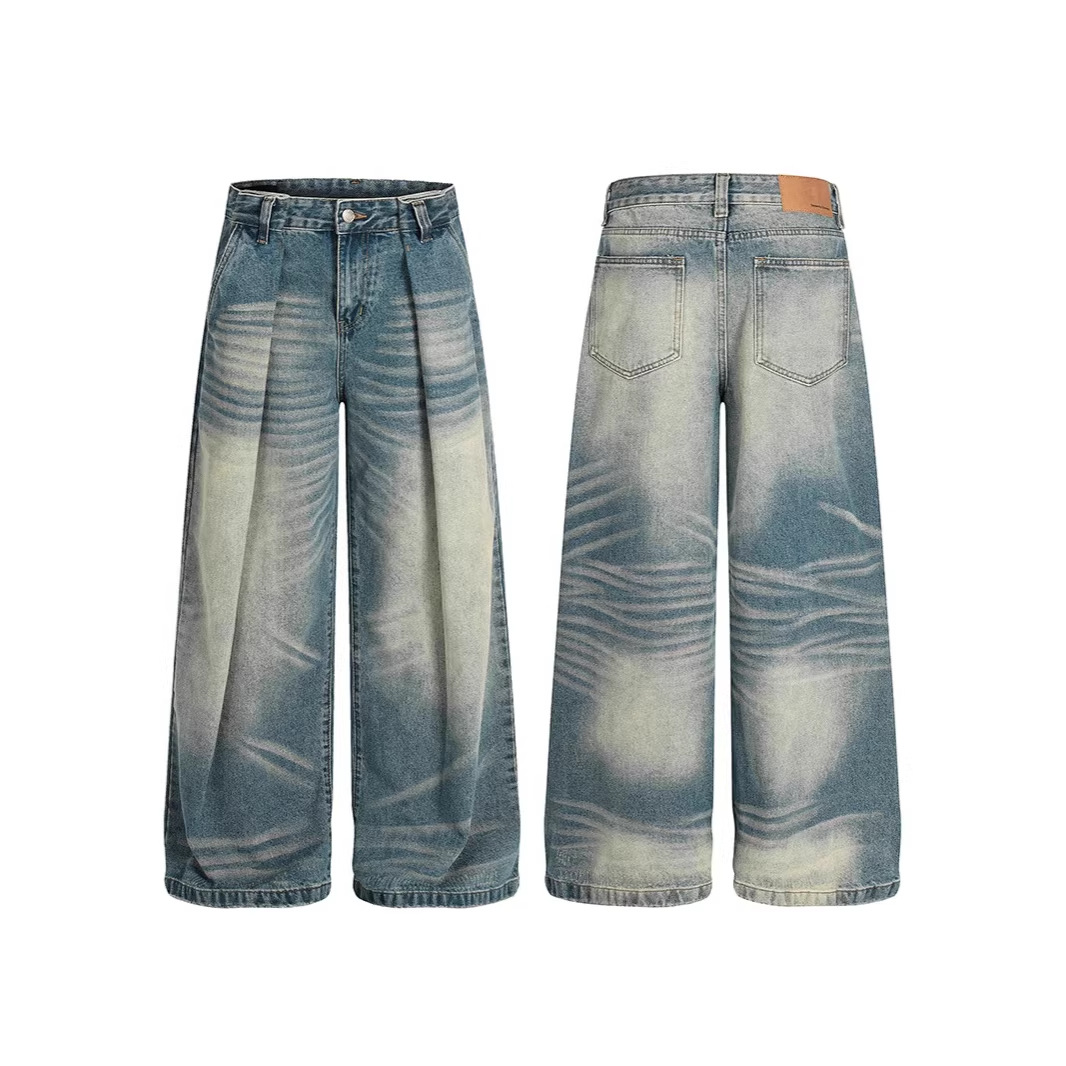 Vintage American Style High Waist Relaxed Fit Cat Whisker Distressed Jeans Comfortable Cotton Denim Pants for Men And Women_mkmklike.com
