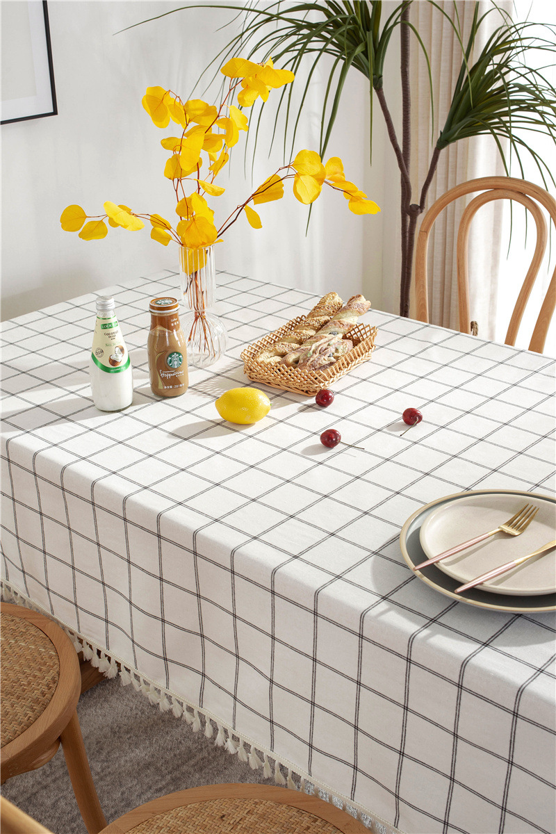 Cafe Double-line Plaid Cotton-polyester-linen Tassel Geometric Rectangular Dining And Coffee Table Tablecloth, Available_voghion.com