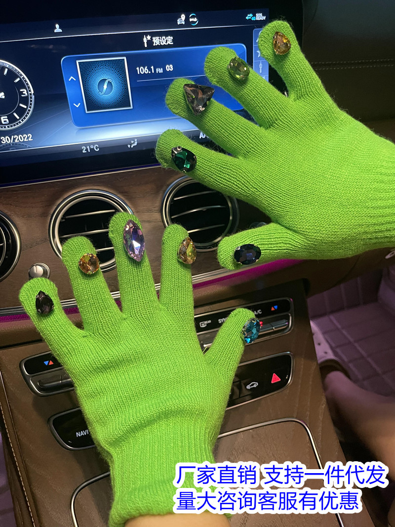 跨境個性創意DIY分指彩色鑽石針織手套 寶石水鑽鑲鑽滅霸美甲手套