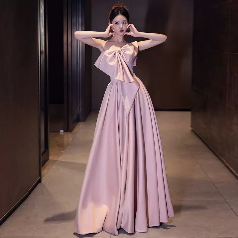 Pink Evening Dress, High-End New Satin Dress for Women, Company Annual Meeting, Graduation, Art Exam Dress, Wedding Toast Dress, Summer