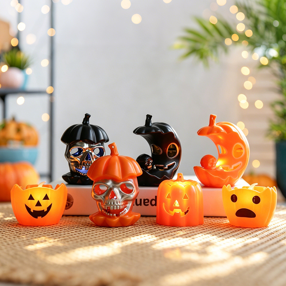Luces de velas de Halloween transfronterizas, accesorios de decoración de Halloween, luces de calaveras aterradoras, luces de luna, luces nocturnas de colores, luces de calabaza