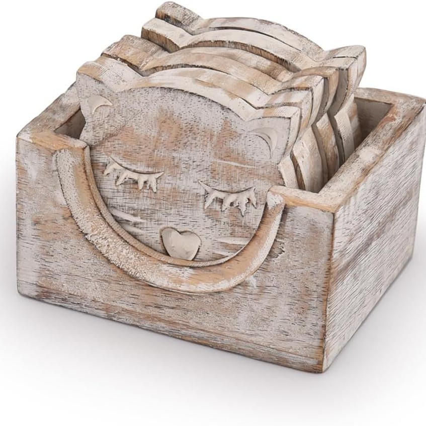 Wooden Cute Cat-Shaped Coaster Set of 6 with Stand, Suitable for Bar, Dining Table, and Home Decoration