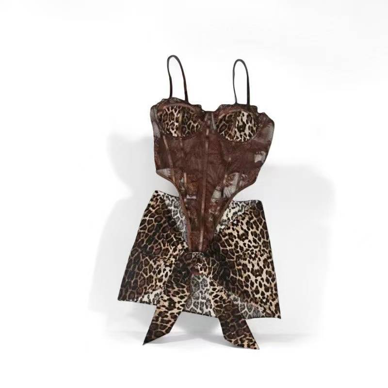 Leopard Print One-Piece Lingerie Set with Steel Ring Detail and Matching Stockings — detail image 4