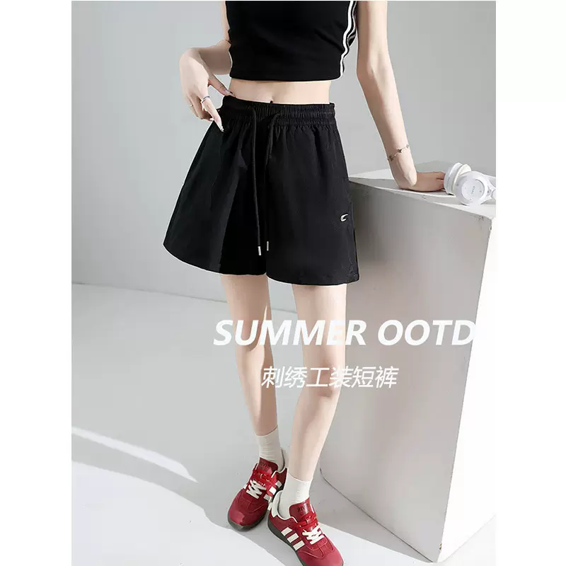 黑色刺绣短裤女夏季2025新款高腰宽松a字美式速干运动五分工装裤