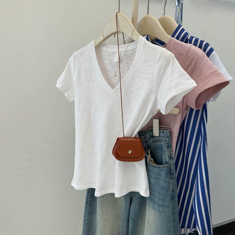 Trendy Short-Sleeve T-Shirt for Women, Summer Korean Style Slim Fit Base Shirt, Bamboo Cotton V-Neck Regular Shoulder Top, Half-Sleeve Trendy Short-Sleeve T-Shirt for Women, Summer Korean Style Slim Fit Base Shirt, Bamboo Cotton V-Neck Regular Shoulder Top, Half-Sleeve