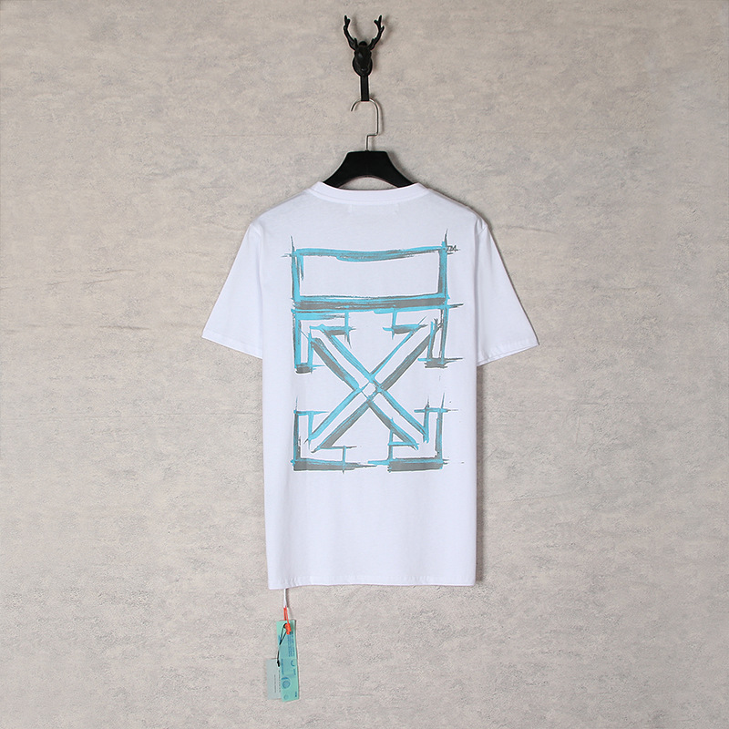 [Código Europeo] de flecha de gradiente clásico disuelto línea de advertencia de graffiti ow marca de moda pareja religiosa Camiseta de manga corta