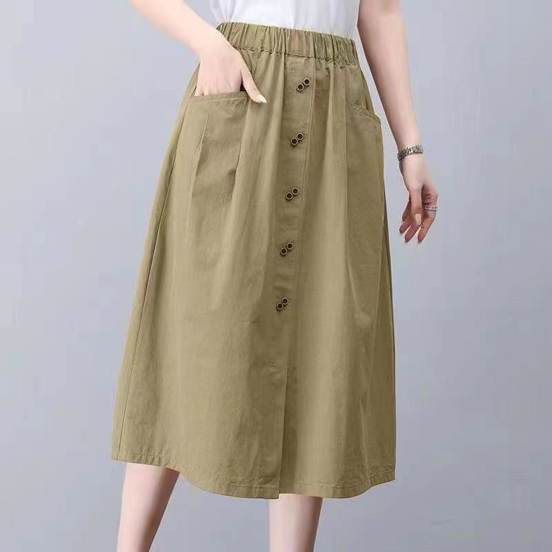 Skirt 2024 Women's New Slim and Versatile Casual Fashion Pure Color Elastic High Waist Mid-length A-line Skirt Trendy