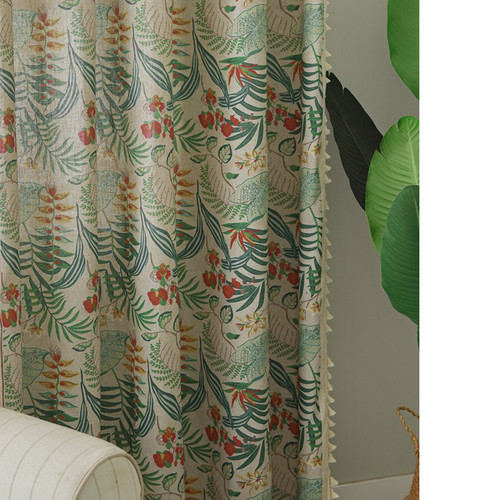 Export to Amazon Green Plant Cotton-Like Linen Semi-Darken Aesthetic American Country Retro Fringe Curtain Fabric Finished Product