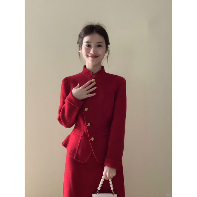 Engagement Dress, Skirt, Two-Piece Occasion Red Chinese Style Suit, Women's Autumn and Winter Jacket, Old Money New Chinese Style Formal