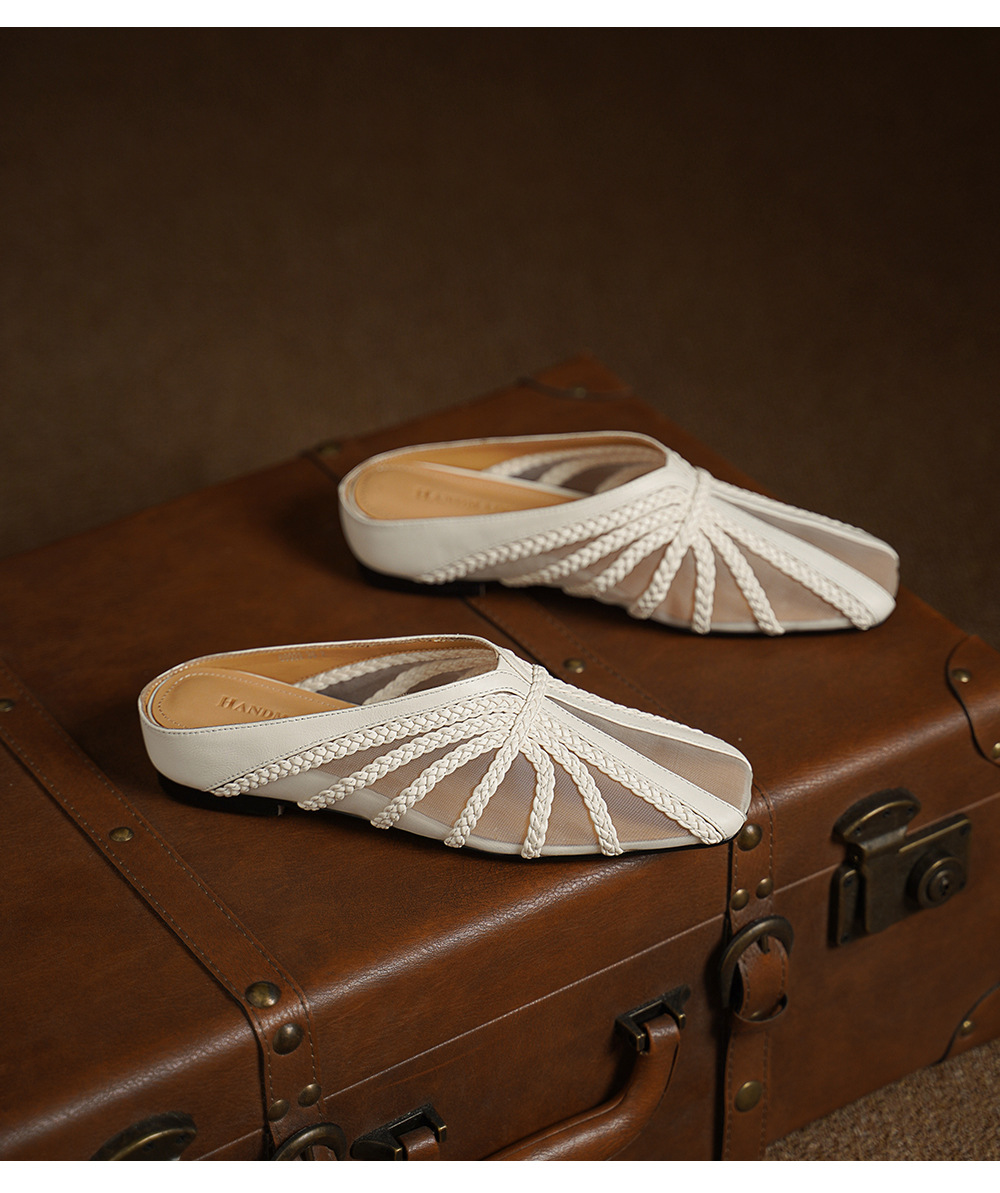 Dép sandal nữ mũi nhọn quai chữ V đế xuồng cao 7 cm, chất liệu lưới ren họa tiết hoa — đen chi tiết 12