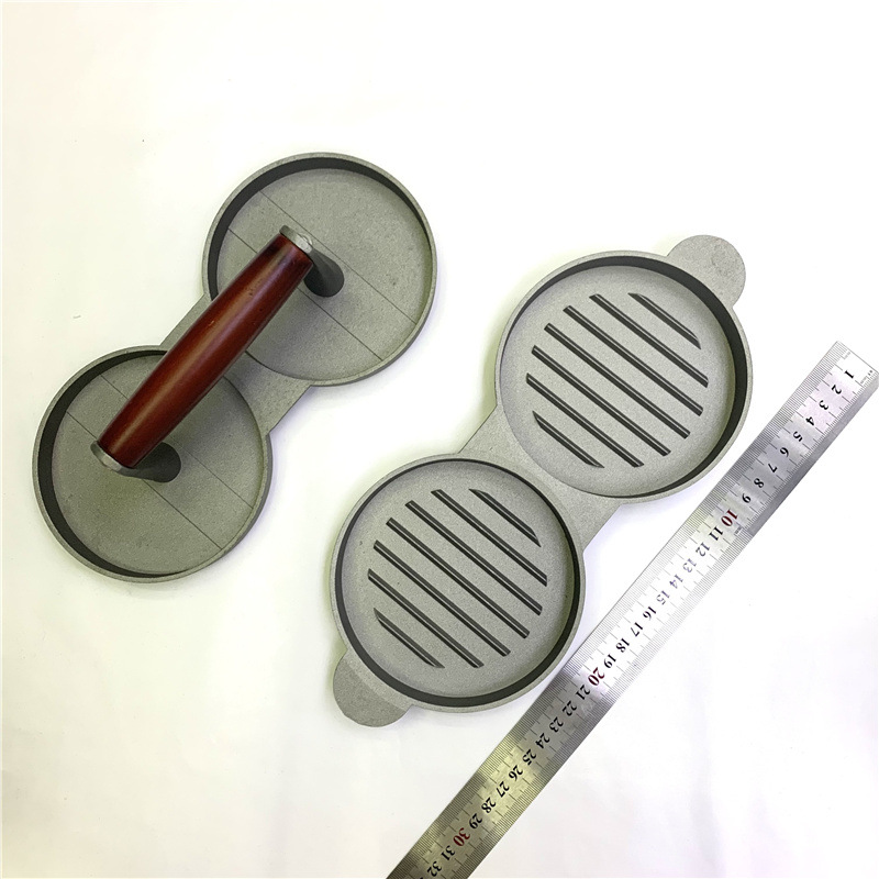 跨境手動不粘塗層漢堡壓 雙堡木頭手柄漢堡壓肉器 家用廚房小工具