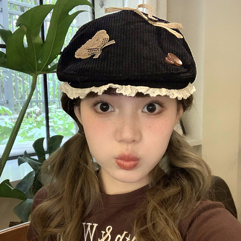 Cordillera encaje arco de dibujos animados cachorro sombrero de color curry hacia adelante para mujeres grandes turbanos de cabeza gorra caliente Boina de moda