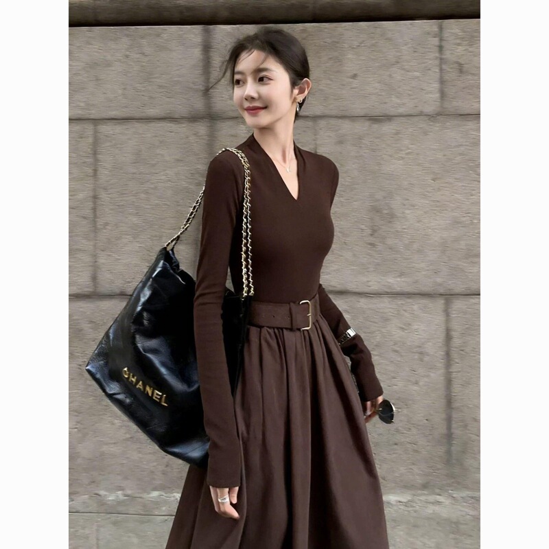 Korean-style super stylish mature and elegant long-sleeved dress for women, 2026 early autumn new waist-cinching A-line dress, trendy Korean-style super stylish mature and elegant long-sleeved dress for women, 2026 early autumn new waist-cinching A-line dress, trendy