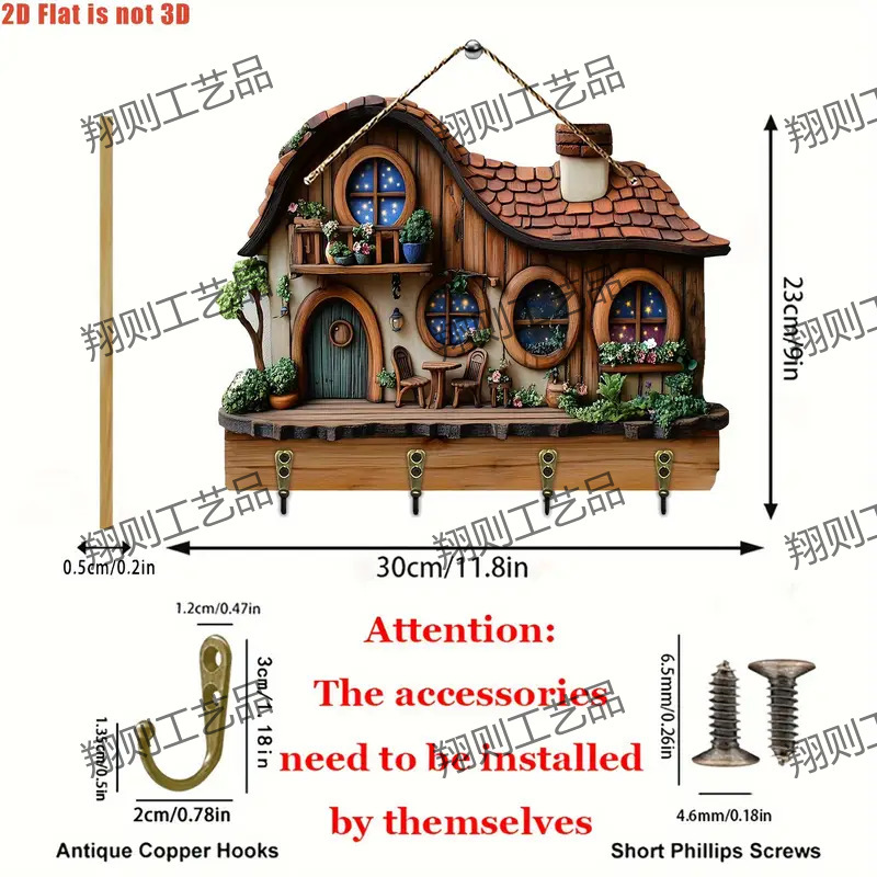 クロスボーダー热い贩売スポットカラフルな木制小屋キーハンガーフラットグラフィックリビングルーム装饰ストラップ木制卸売|undefined