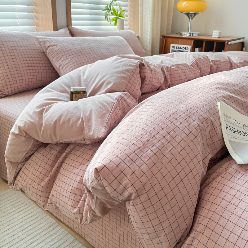 Juego de cuatro piezas de algodón lavado teñido en hilo para estudiantes 2025 nuevo juego de sábanas de edredón de dormitorio de estudiantes de tres piezas